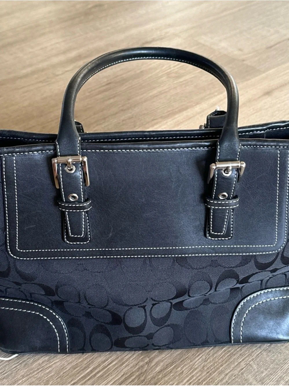 Coach Black Signature Satchel with Leather Trim and Top Handles